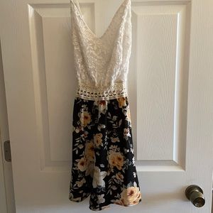 White and black floral and lace romper, size L